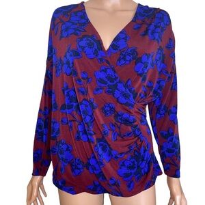 41Hawthorn Women's Size M 3/4 Sleeve Blouse blue & maroon cross over style